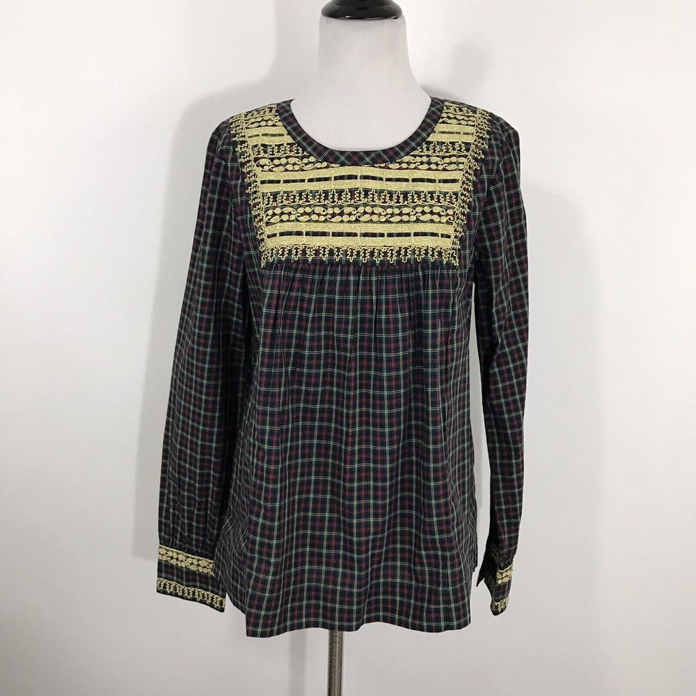 J.Crew Womens Tartan Plaid Embroidered Bib Blouse Navy Green Red‎ H4182 XS